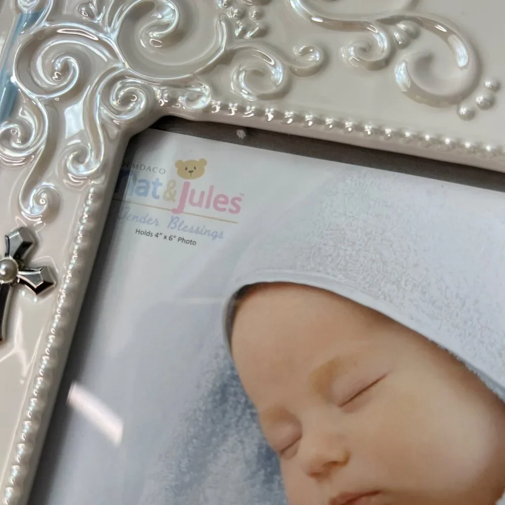 Demarco Nat & Jules Baby Boy Christening Picture Frame Ceramic With Cross Blue